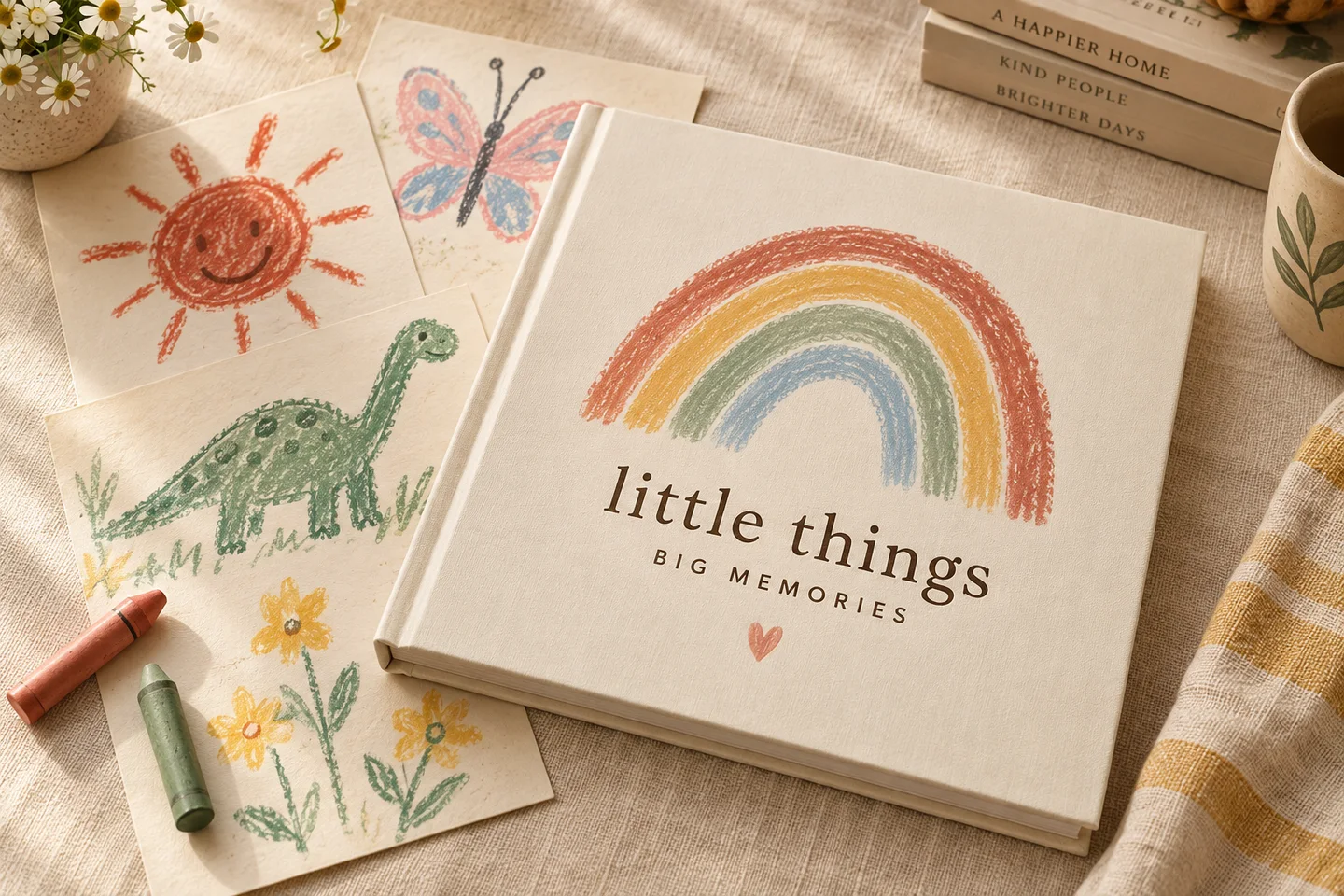 Illustration of a children's art book with a rainbow cover, surrounded by colourful drawings and wax crayons